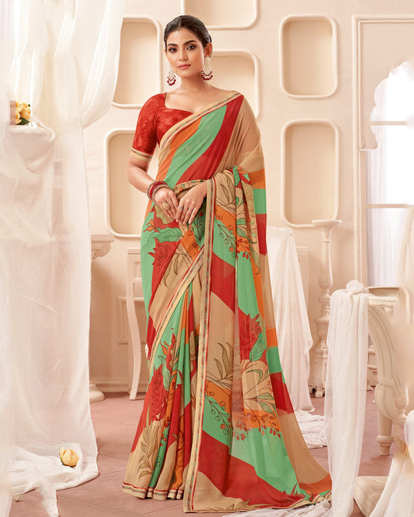 Vishal Prints Tomato Red Printed Georgette Saree With Fancy Border