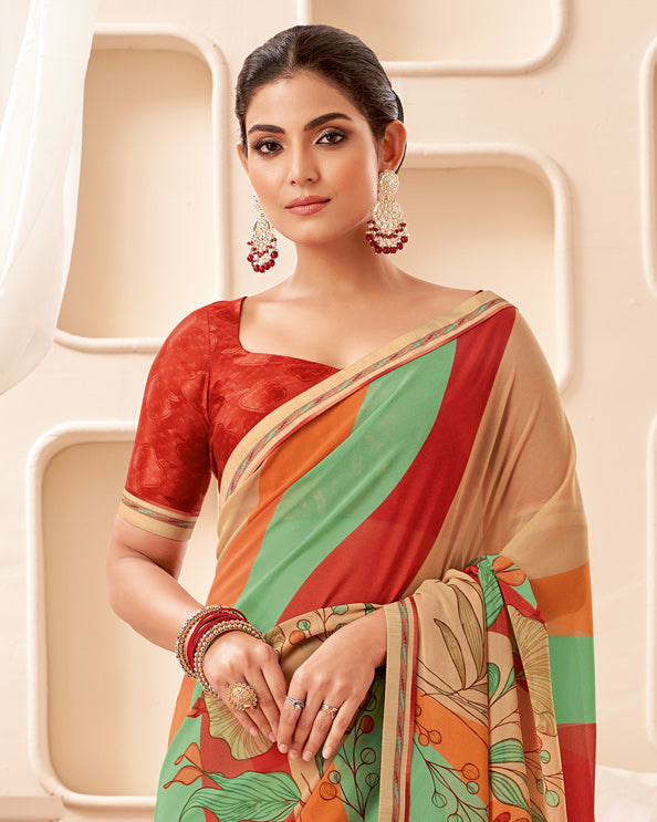 Vishal Prints Tomato Red Printed Georgette Saree With Fancy Border