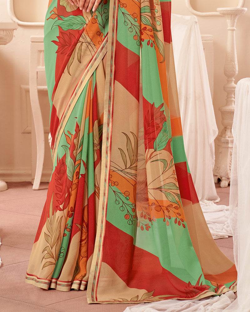 Vishal Prints Tomato Red Printed Georgette Saree With Fancy Border