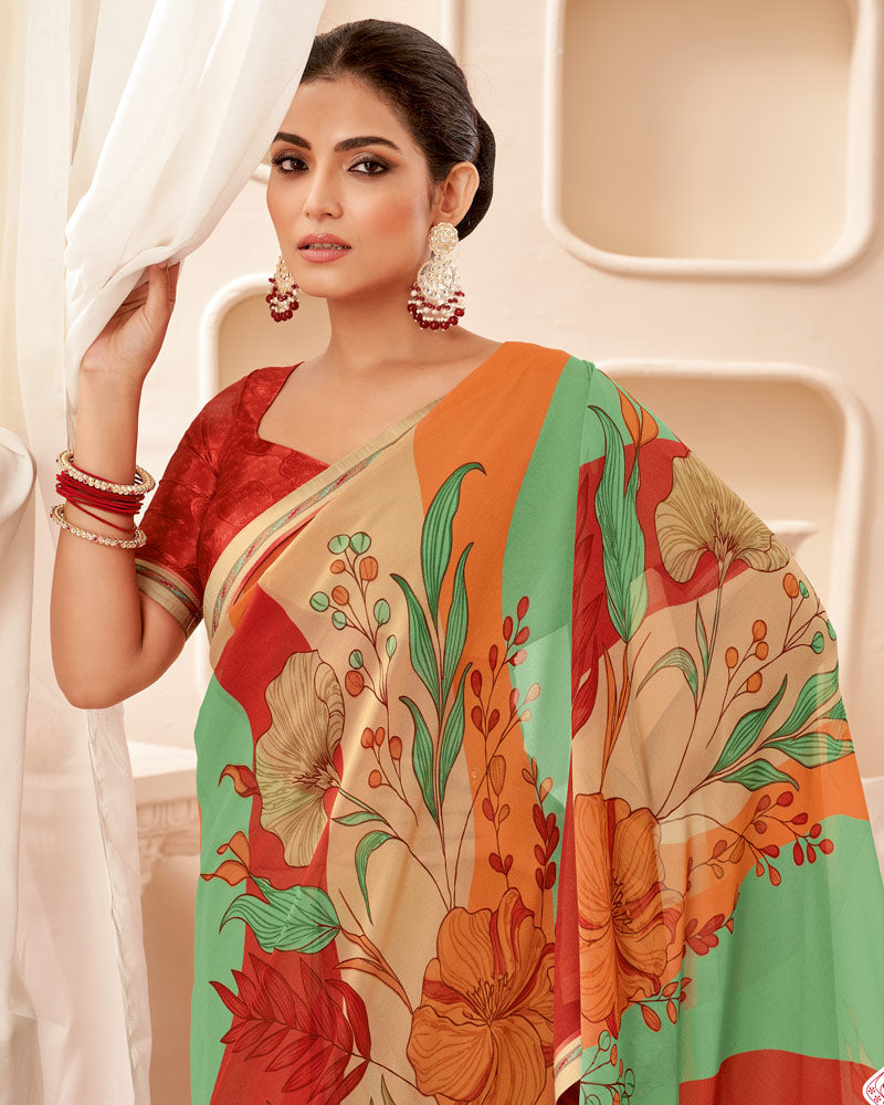 Vishal Prints Tomato Red Printed Georgette Saree With Fancy Border