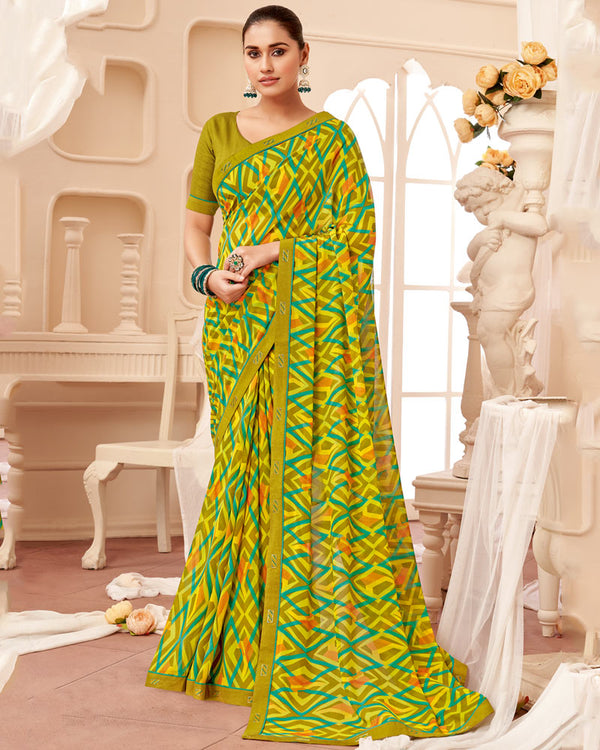 Vishal Prints Olive Green Printed Georgette Saree With Fancy Border