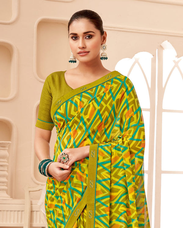 Vishal Prints Olive Green Printed Georgette Saree With Fancy Border
