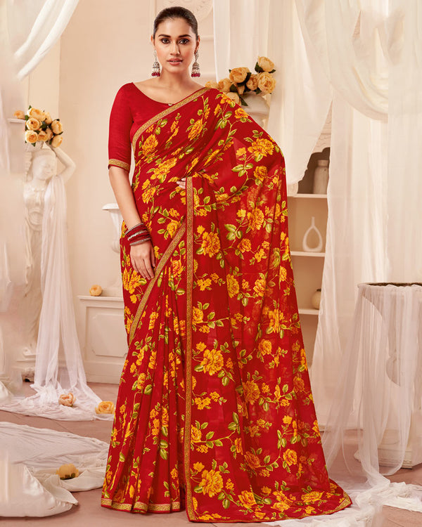 Vishal Prints Cherry Red Printed Georgette Saree With Fancy Border