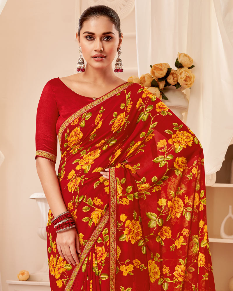 Vishal Prints Cherry Red Printed Georgette Saree With Fancy Border
