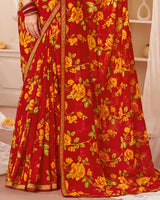 Vishal Prints Cherry Red Printed Georgette Saree With Fancy Border