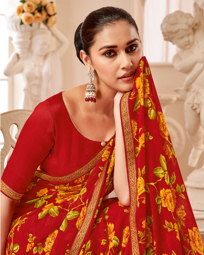 Vishal Prints Cherry Red Printed Georgette Saree With Fancy Border