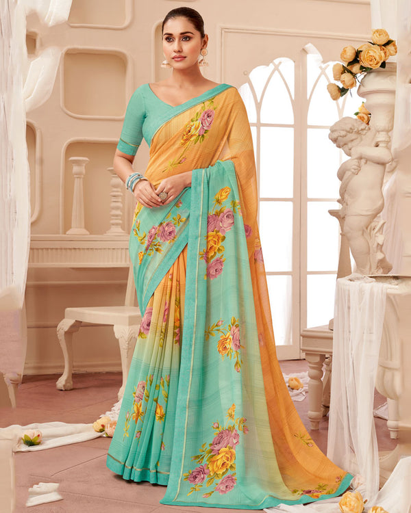 Vishal Prints Pastel Teal Green Printed Georgette Saree With Fancy Border