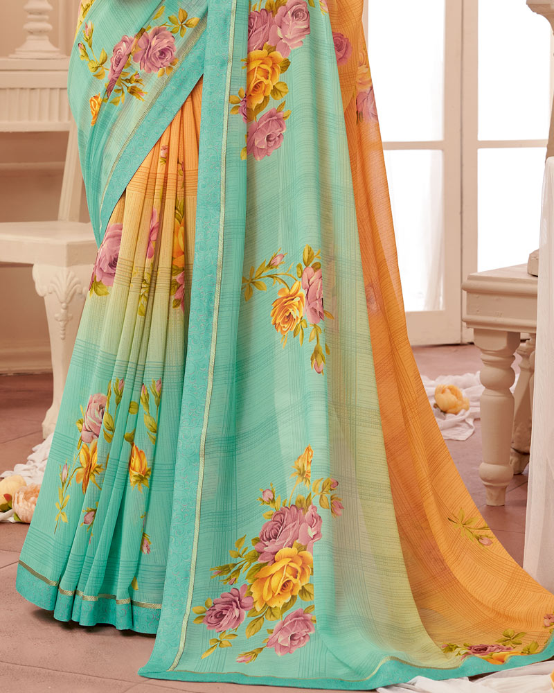Vishal Prints Pastel Teal Green Printed Georgette Saree With Fancy Border