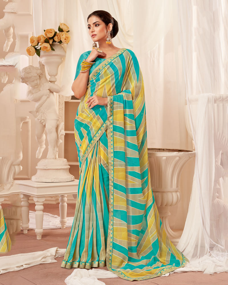 Vishal Prints Dark Turquoise Blue Printed Georgette Saree With Fancy Border