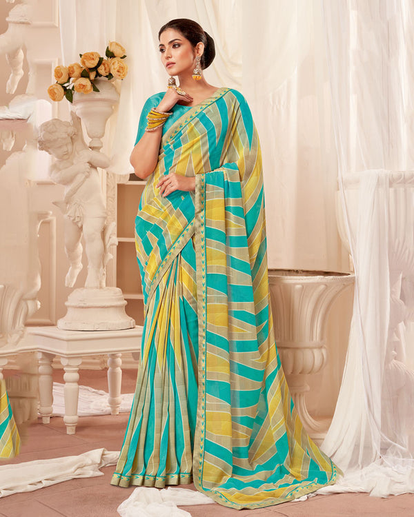 Vishal Prints Dark Turquoise Blue Printed Georgette Saree With Fancy Border