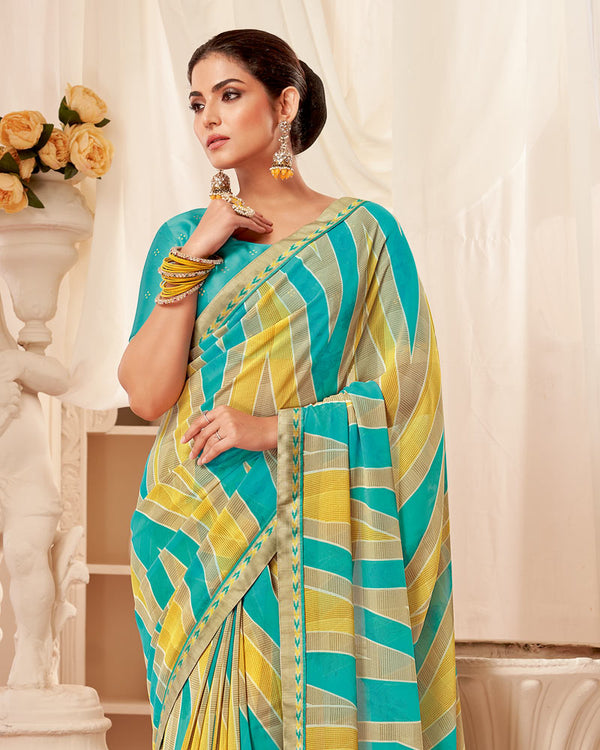 Vishal Prints Dark Turquoise Blue Printed Georgette Saree With Fancy Border