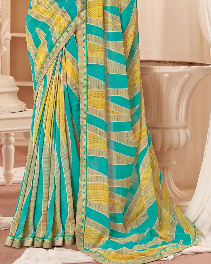 Vishal Prints Dark Turquoise Blue Printed Georgette Saree With Fancy Border
