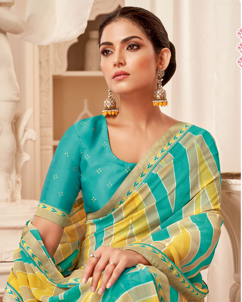 Vishal Prints Dark Turquoise Blue Printed Georgette Saree With Fancy Border