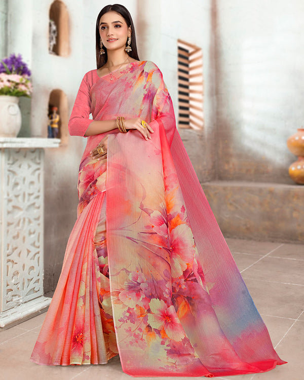 Vishal Prints Rosy Pink Designer Crushed Tissue Digital Print Saree