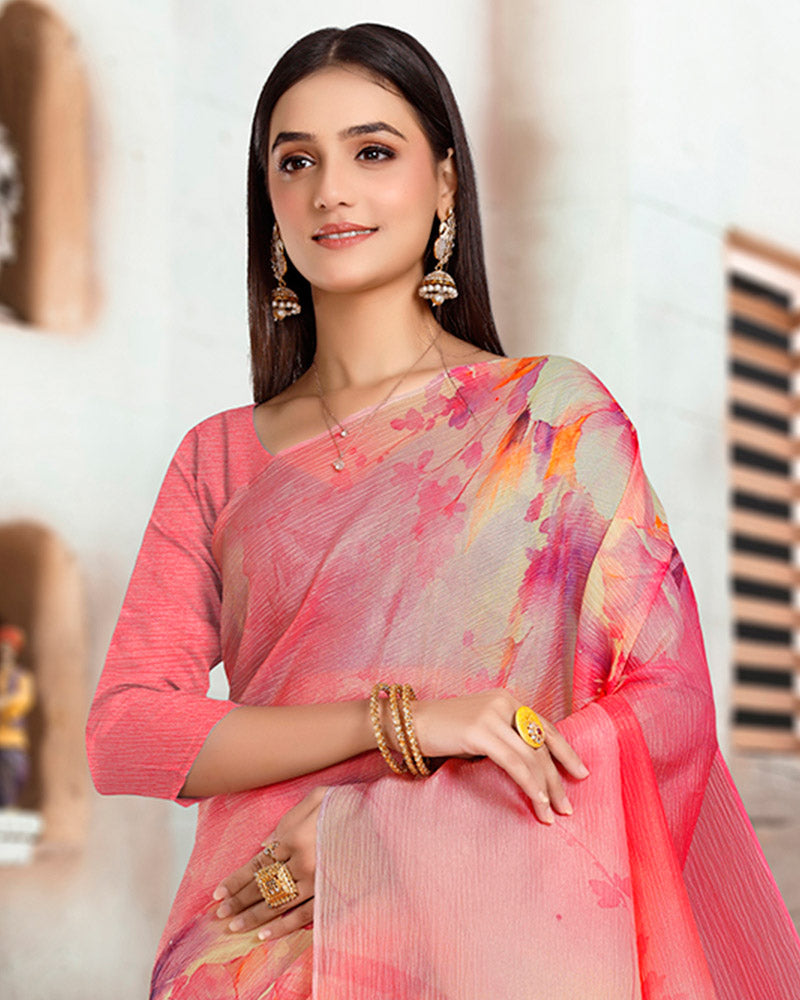 Vishal Prints Rosy Pink Designer Crushed Tissue Digital Print Saree