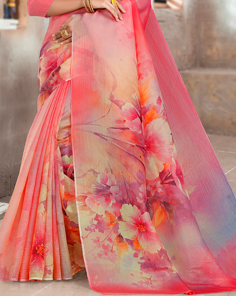 Vishal Prints Rosy Pink Designer Crushed Tissue Digital Print Saree