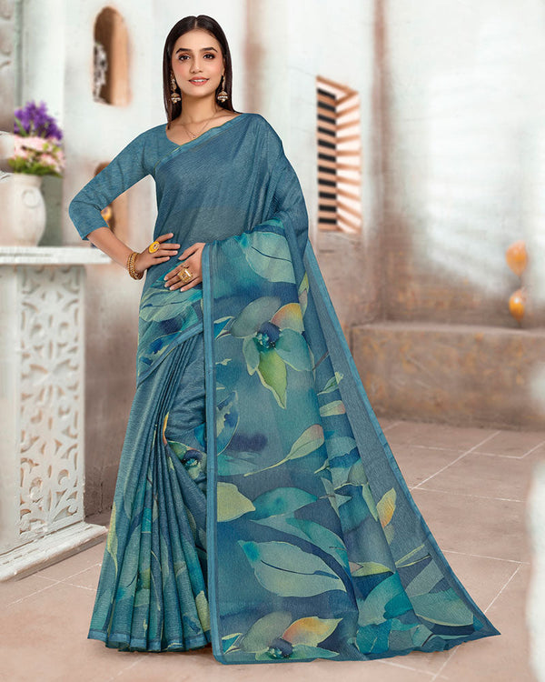 Vishal Prints Dark Greyish Blue Designer Crushed Tissue Digital Print Saree