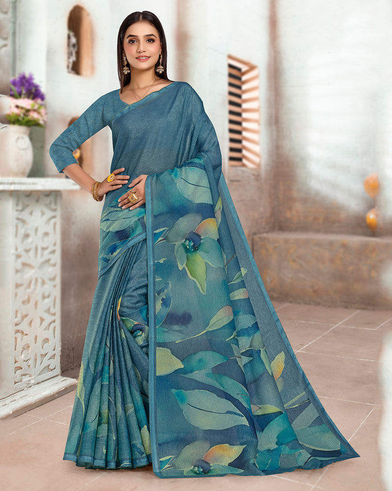 Vishal Prints Dark Greyish Blue Designer Crushed Tissue Digital Print Saree