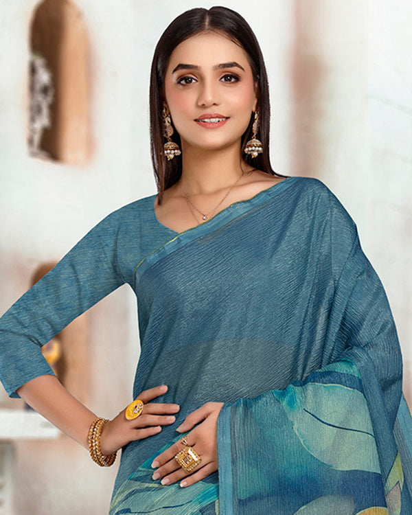 Vishal Prints Dark Greyish Blue Designer Crushed Tissue Digital Print Saree