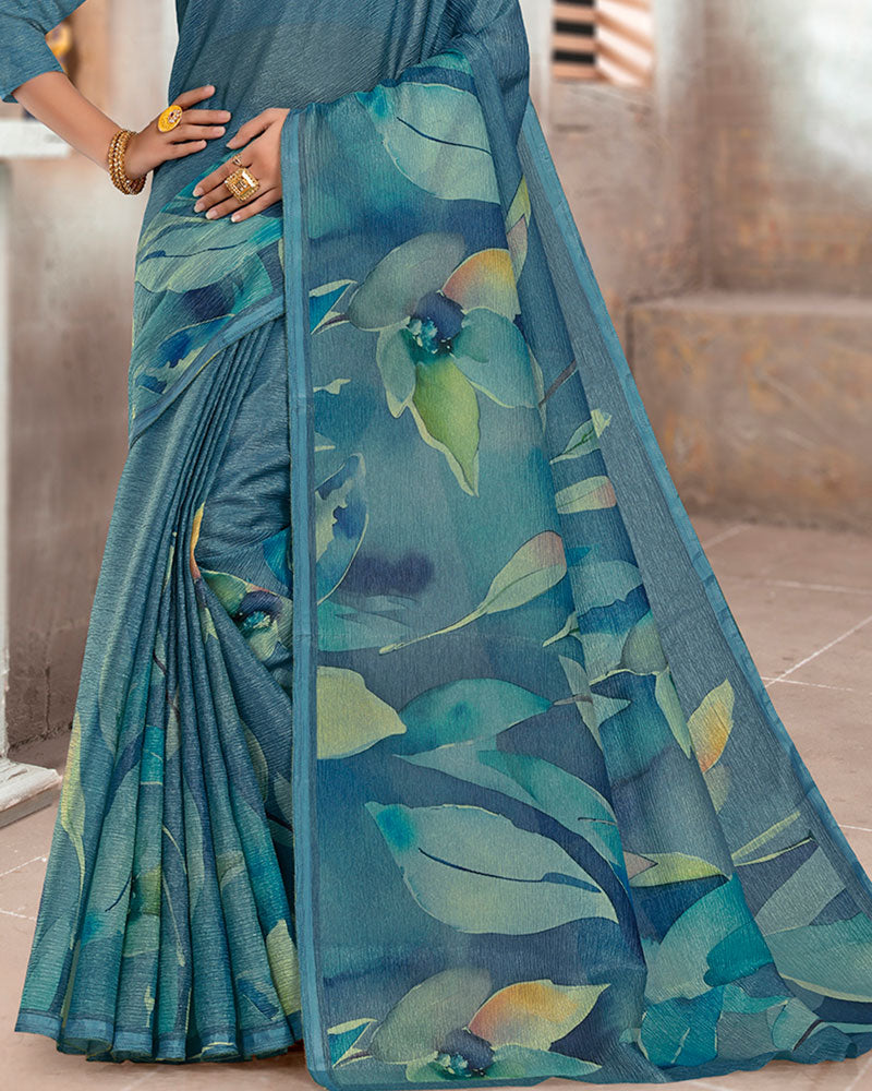 Vishal Prints Dark Greyish Blue Designer Crushed Tissue Digital Print Saree