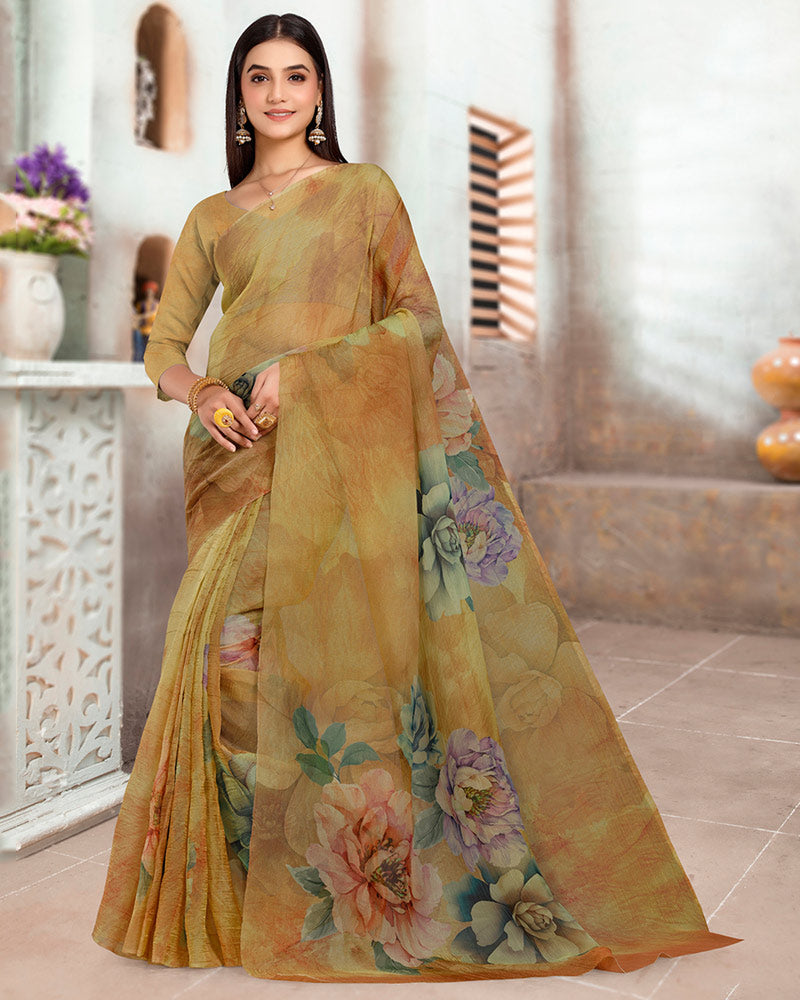 Vishal Prints Dusty Sand Brown Designer Crushed Tissue Digital Print Saree