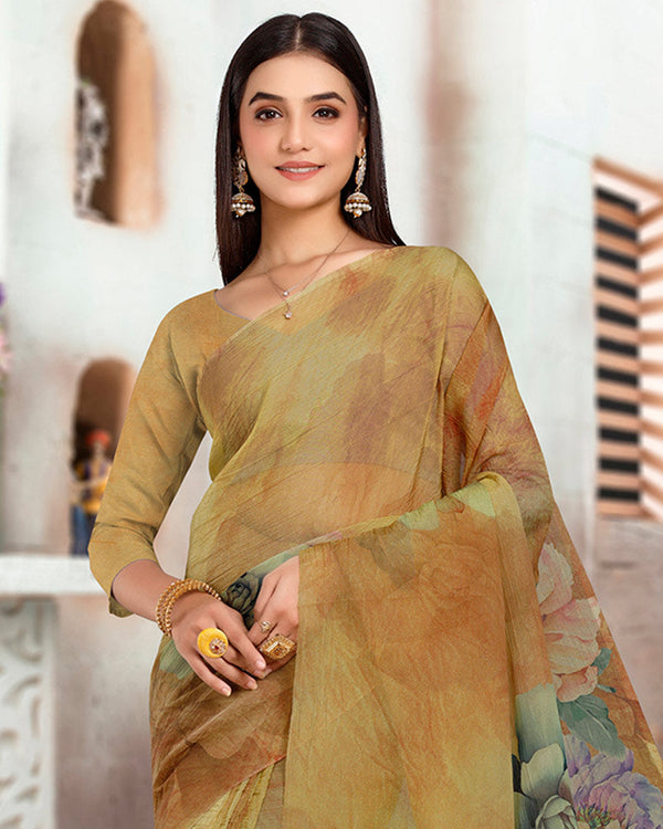 Vishal Prints Dusty Sand Brown Designer Crushed Tissue Digital Print Saree