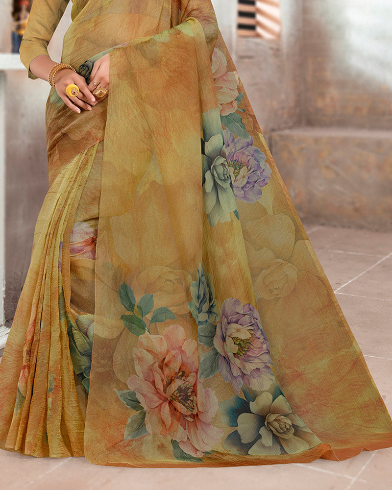 Vishal Prints Dusty Sand Brown Designer Crushed Tissue Digital Print Saree