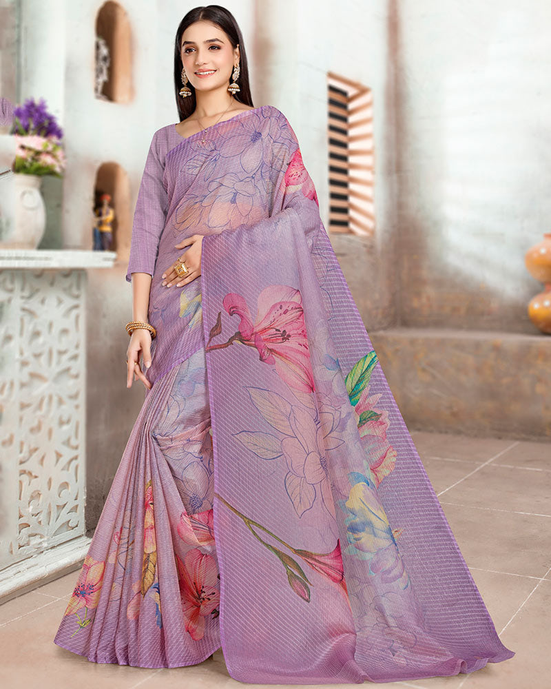 Vishal Prints Dark Lilac Designer Crushed Tissue Digital Print Saree