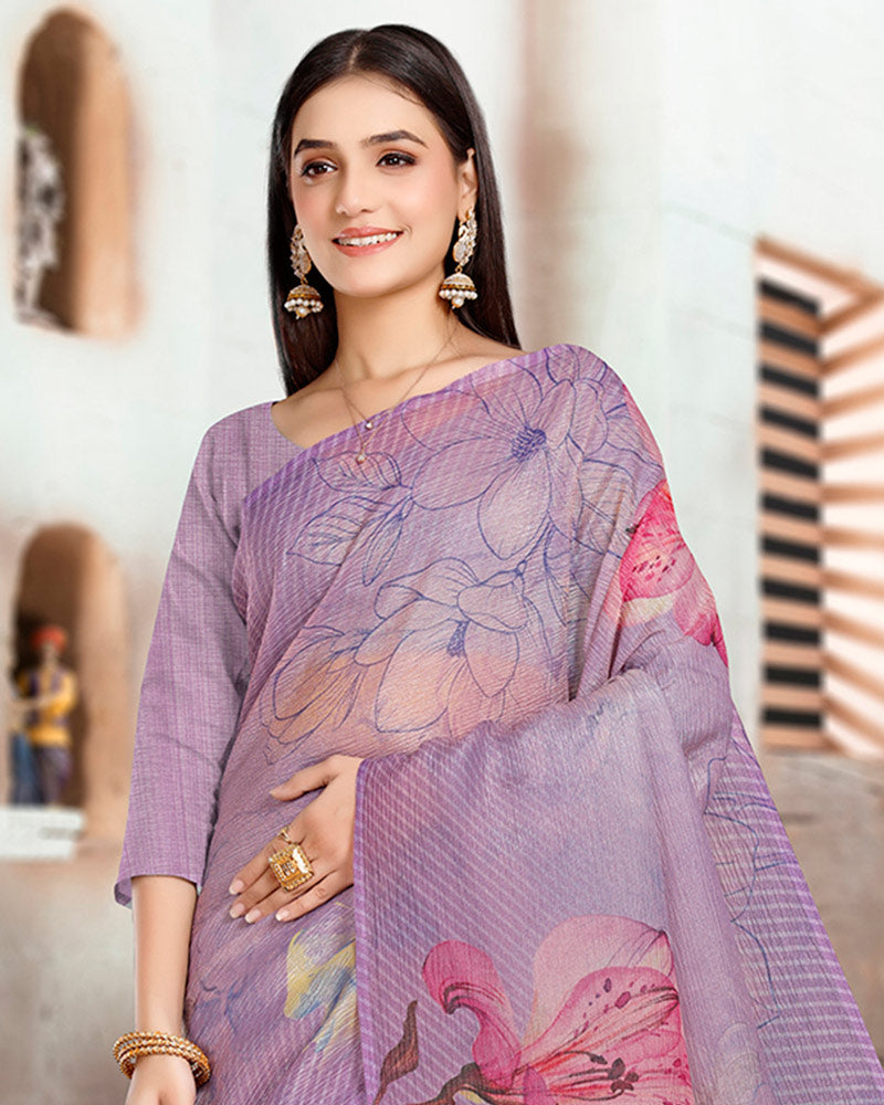 Vishal Prints Dark Lilac Designer Crushed Tissue Digital Print Saree