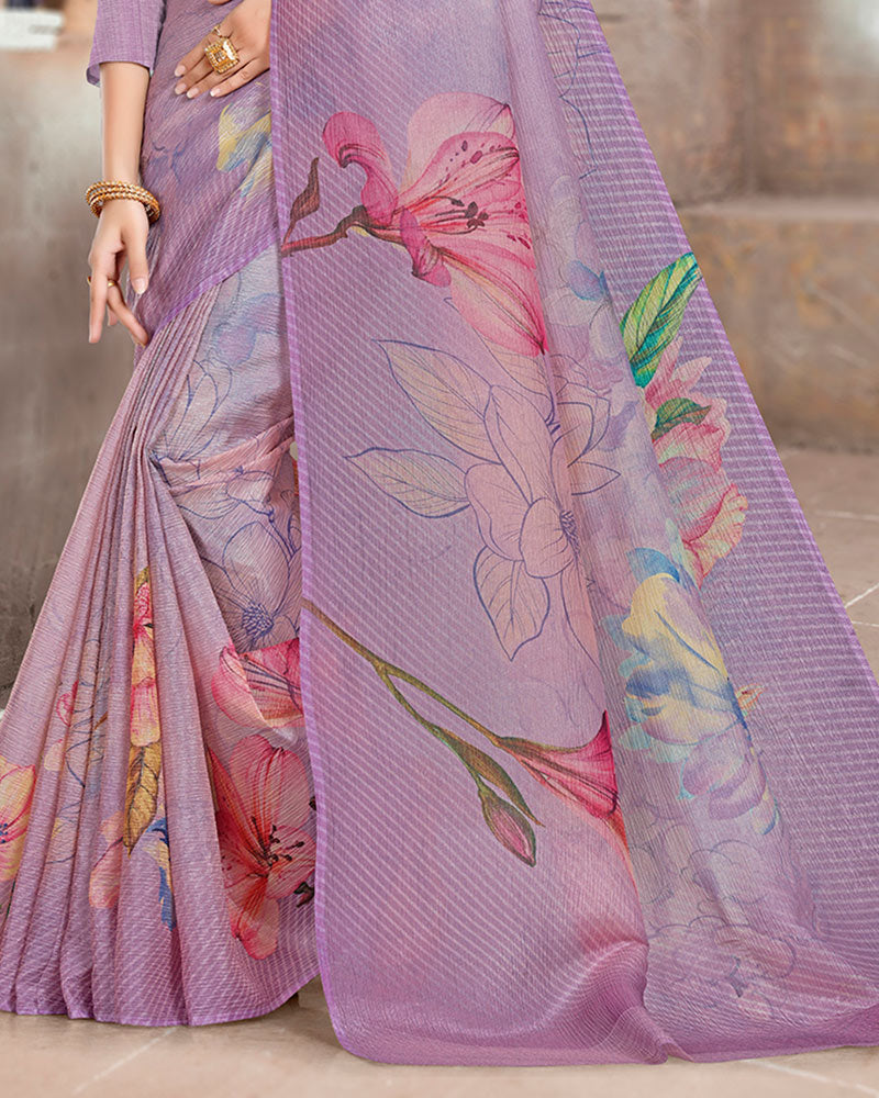 Vishal Prints Dark Lilac Designer Crushed Tissue Digital Print Saree