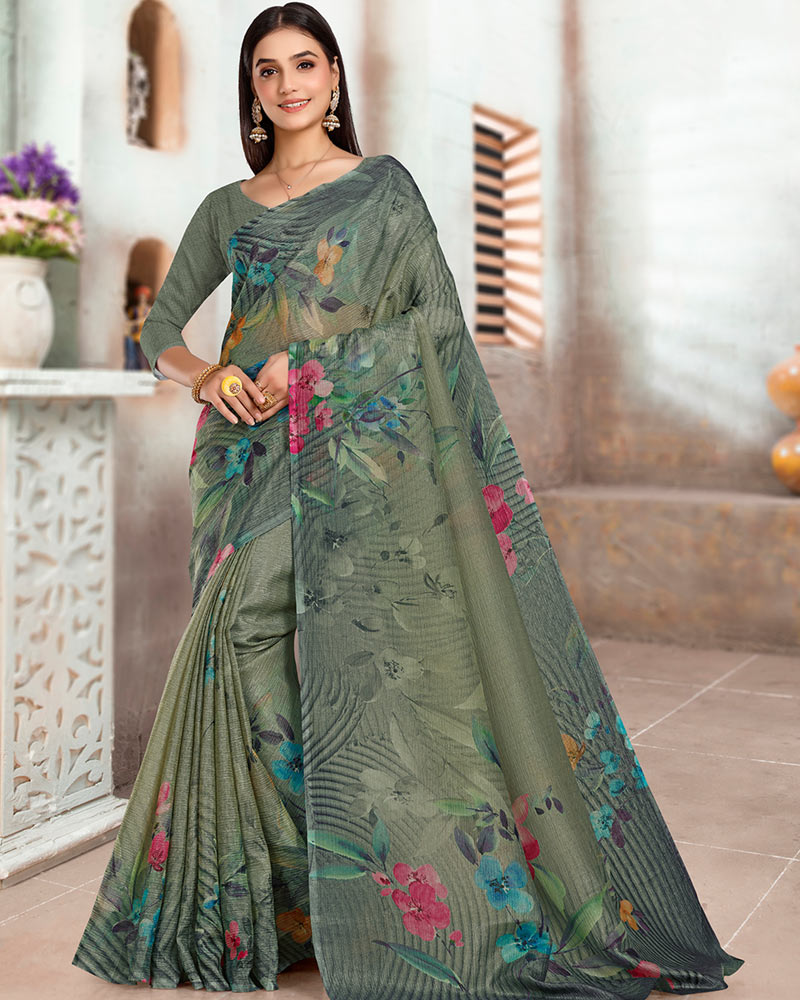 Vishal Prints Greenish Grey Designer Crushed Tissue Digital Print Saree