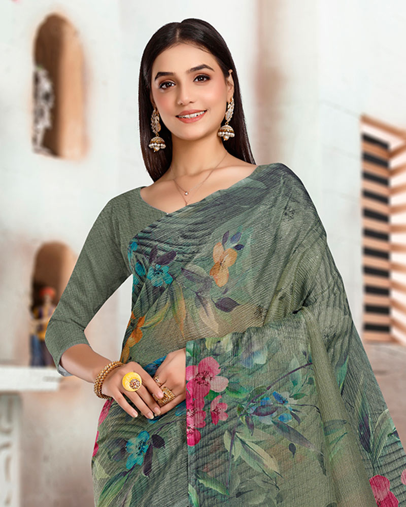 Vishal Prints Greenish Grey Designer Crushed Tissue Digital Print Saree