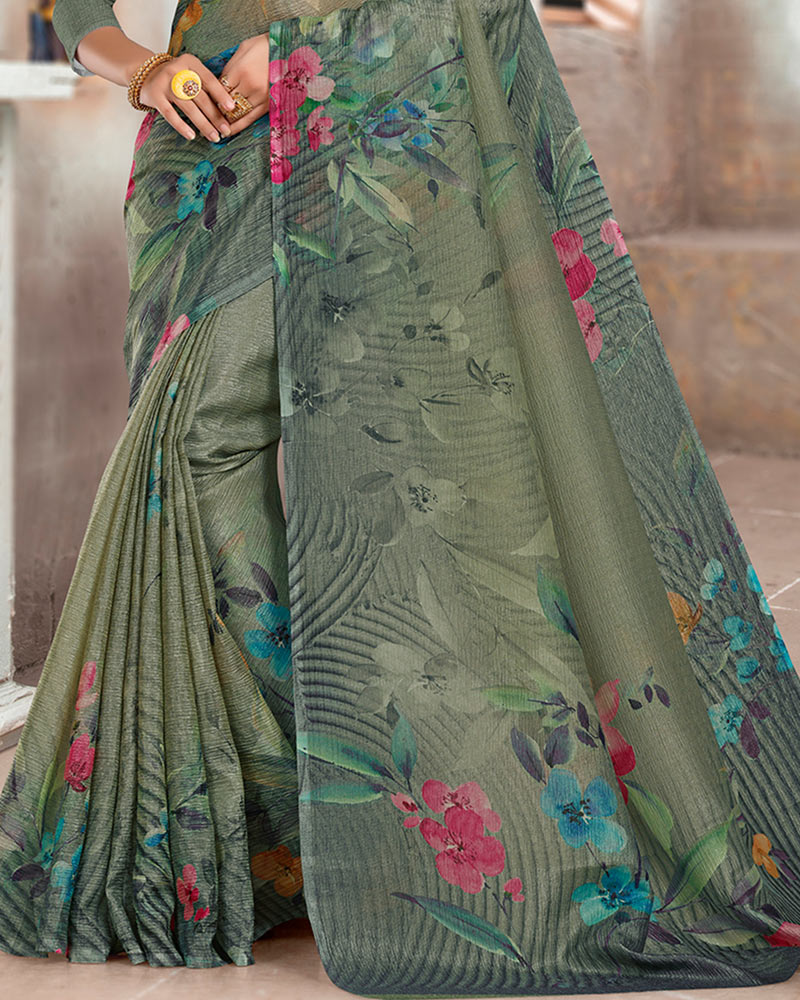 Vishal Prints Greenish Grey Designer Crushed Tissue Digital Print Saree