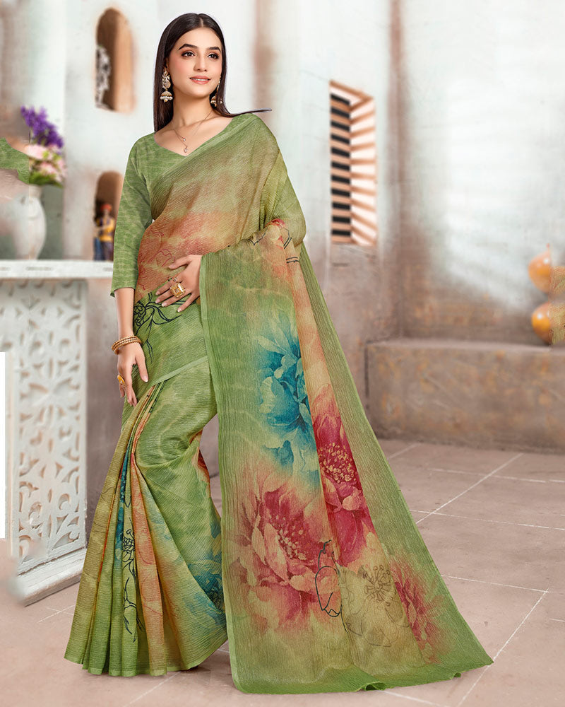 Vishal Prints Moss Green Designer Crushed Tissue Digital Print Saree