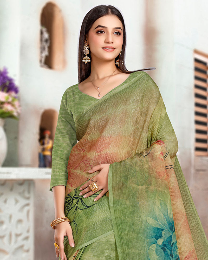 Vishal Prints Moss Green Designer Crushed Tissue Digital Print Saree
