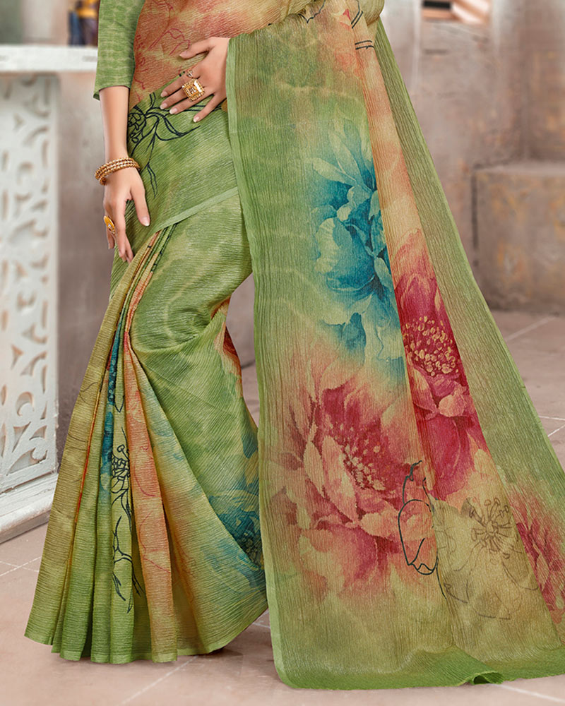 Vishal Prints Moss Green Designer Crushed Tissue Digital Print Saree