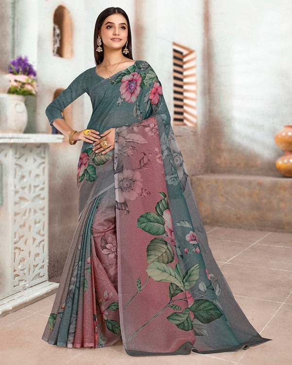 Vishal Prints Rose Taupe Designer Crushed Tissue Digital Print Saree