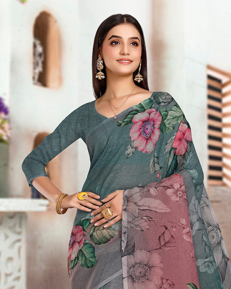 Vishal Prints Rose Taupe Designer Crushed Tissue Digital Print Saree