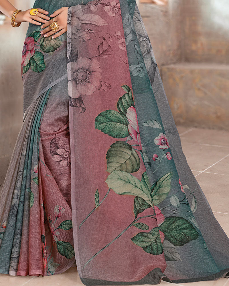 Vishal Prints Rose Taupe Designer Crushed Tissue Digital Print Saree