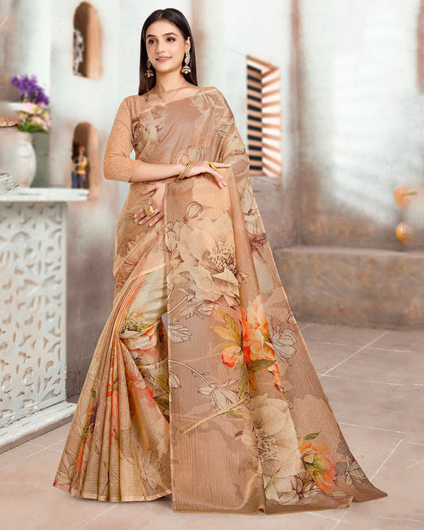 Vishal Prints Pinkish Tan Designer Crushed Tissue Digital Print Saree