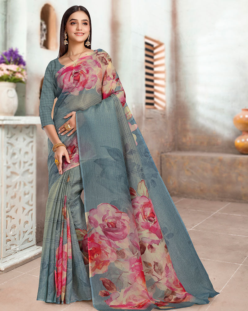 Vishal Prints Slate Grey Designer Crushed Tissue Digital Print Saree