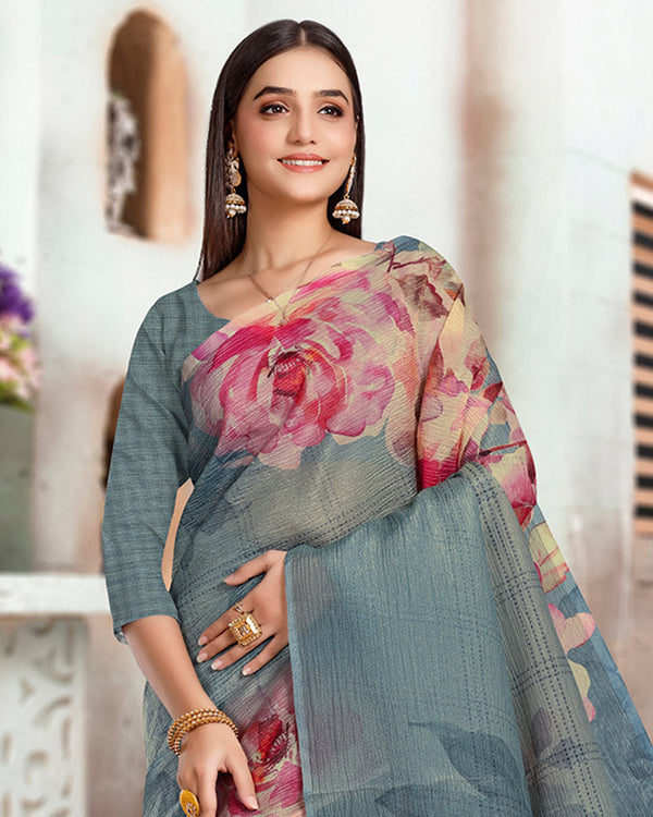 Vishal Prints Slate Grey Designer Crushed Tissue Digital Print Saree
