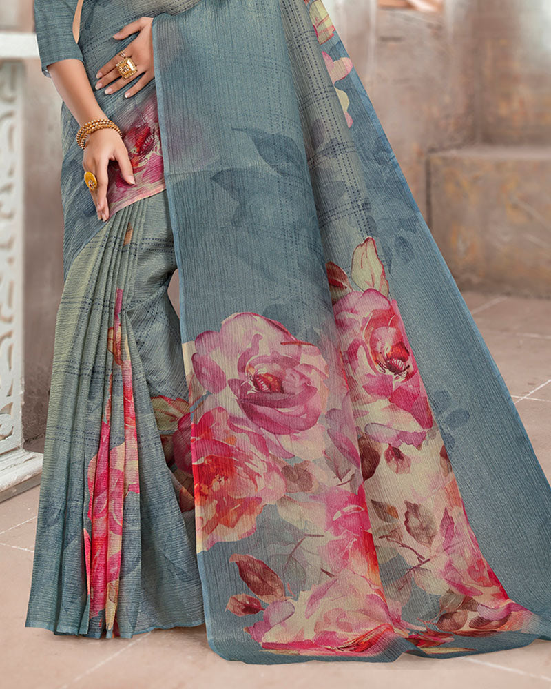 Vishal Prints Slate Grey Designer Crushed Tissue Digital Print Saree