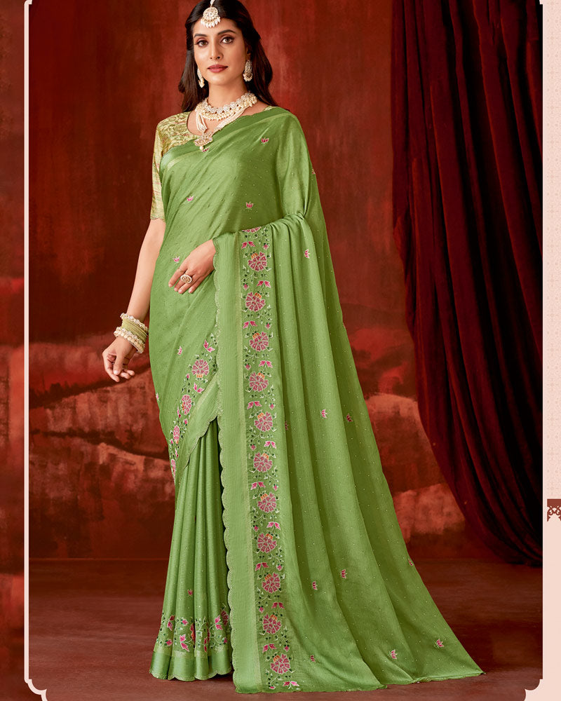 Vishal Prints Dark Olive Green Designer Chiffon Saree With Embroidery-Diamond Work And Satin Patta Cut Work Border