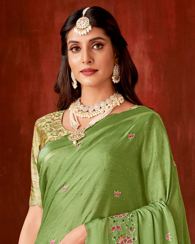 Vishal Prints Dark Olive Green Designer Chiffon Saree With Embroidery-Diamond Work And Satin Patta Cut Work Border