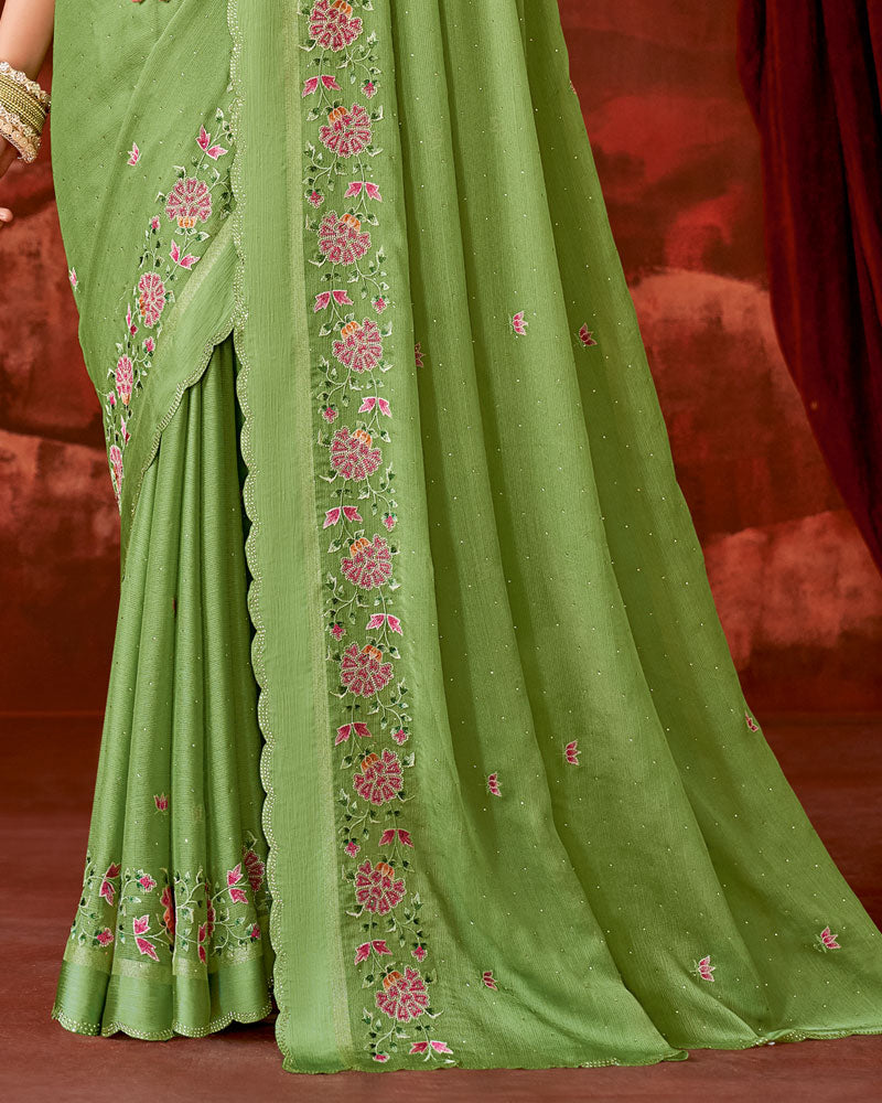 Vishal Prints Dark Olive Green Designer Chiffon Saree With Embroidery-Diamond Work And Satin Patta Cut Work Border