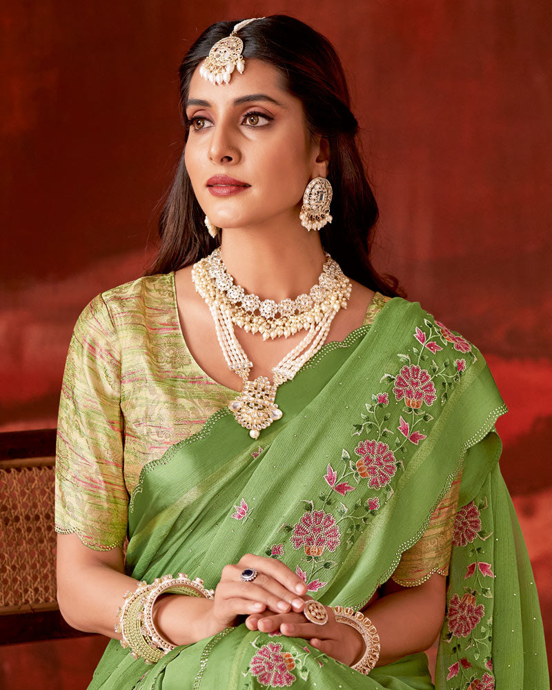 Vishal Prints Dark Olive Green Designer Chiffon Saree With Embroidery-Diamond Work And Satin Patta Cut Work Border