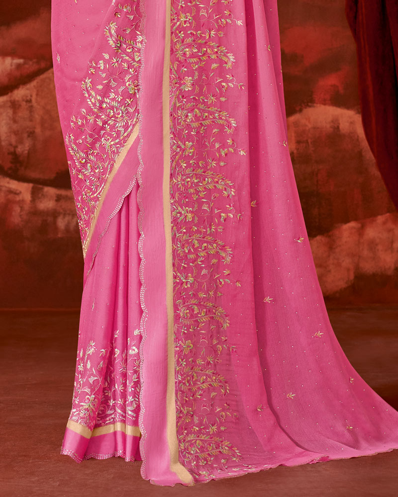Vishal Prints Tulip Pink Designer Chiffon Saree With Embroidery-Diamond Work And Satin Patta Cut Work Border