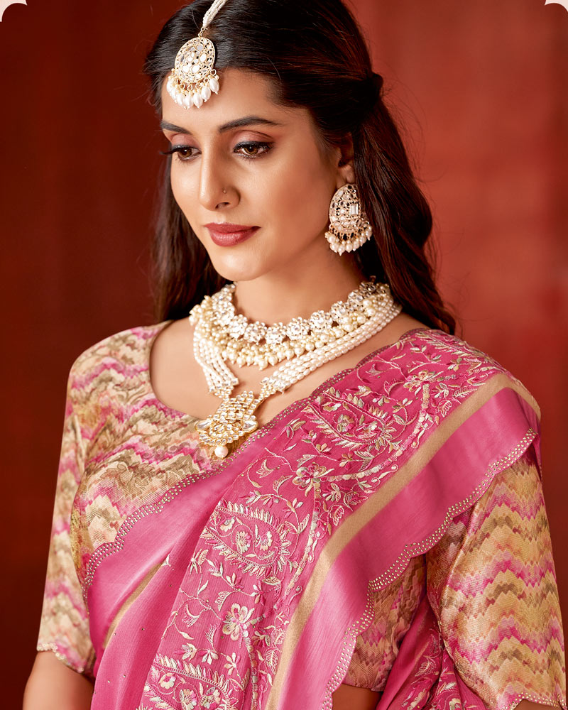 Vishal Prints Tulip Pink Designer Chiffon Saree With Embroidery-Diamond Work And Satin Patta Cut Work Border