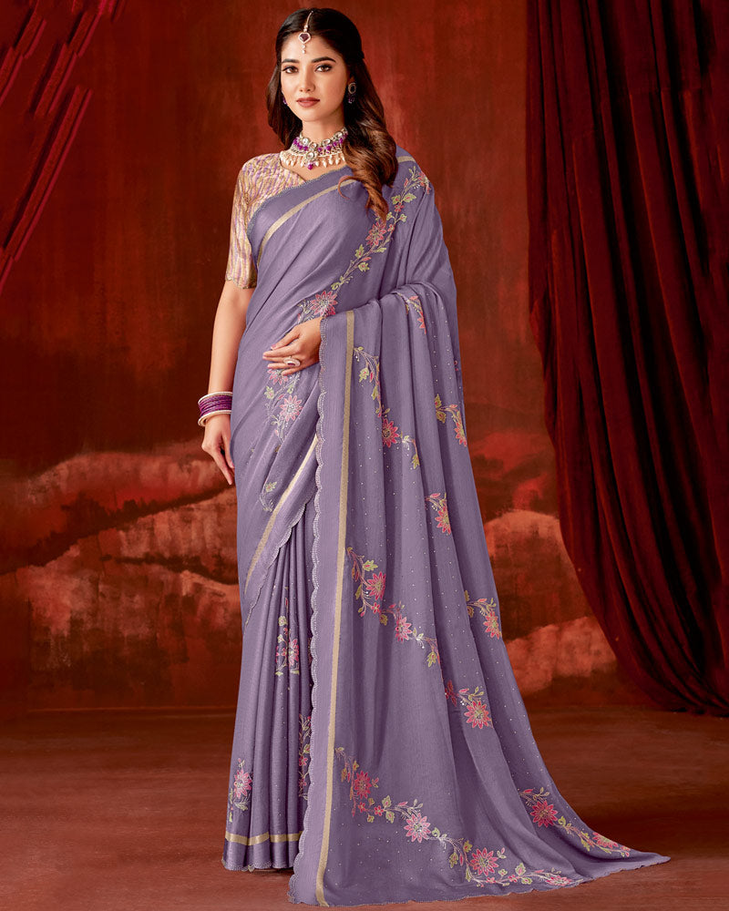 Vishal Prints Pastel Violet Designer Chiffon Saree With Embroidery-Diamond Work And Satin Patta Cut Work Border